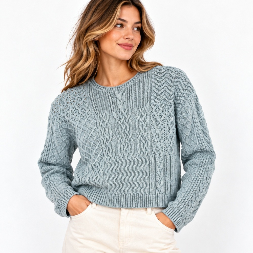 3523 | Garnet Hill Cropped Boxy Patchwork 100% Merino Wool Sweater Sage Blue S